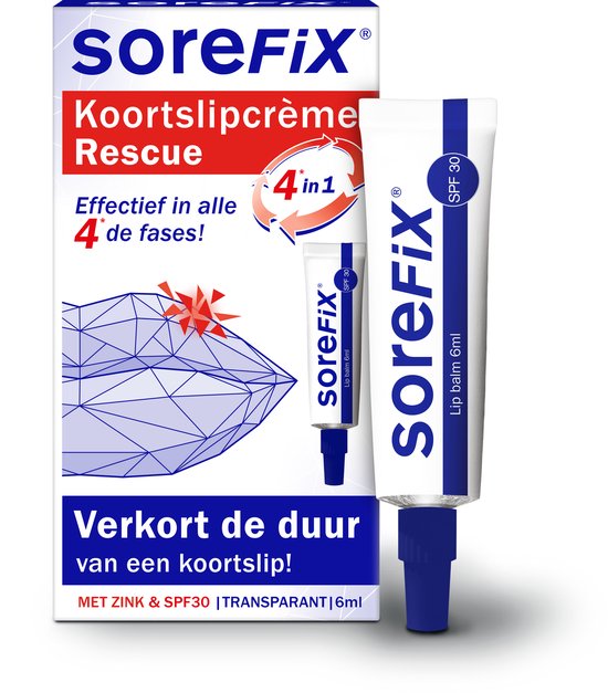 Doosje en tube SoreFix Rescue koortslipcrème. De tube is 6ml, transparant met SPF 30.