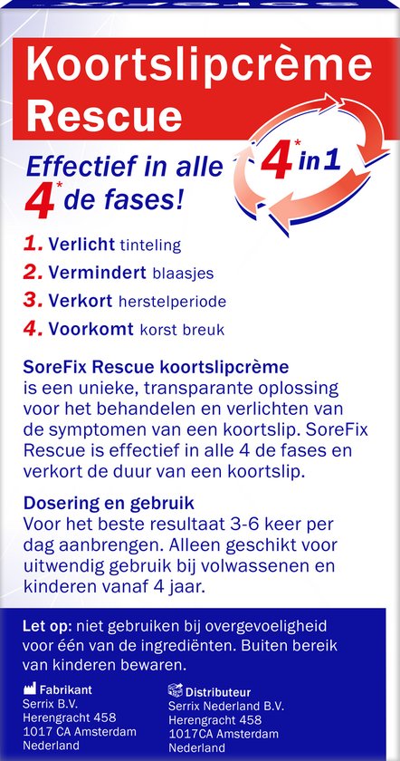 Verpakking met informatie over SoreFix Rescue koortslipcrème. Effectief in alle 4 de fases. Bevat distributeur en fabrikant info.