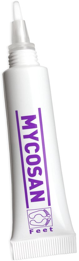 Mycosan tube met precisie kwastje voor voetschimmel. Met voeten logo.