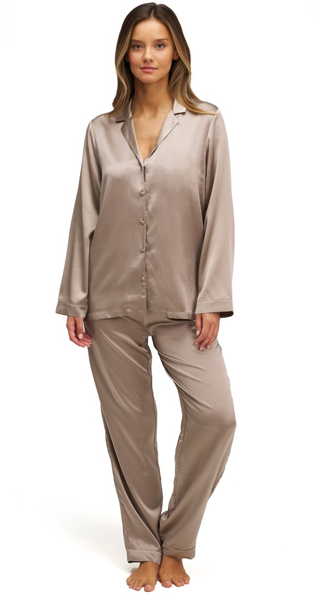 Dore & Rose - Premium Zijden Pyjama Dames - 100% Premium Zijden - Lichtgewicht - Extreem Zacht - Beige - M