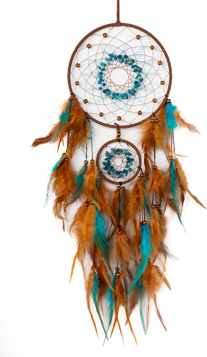KIMU® Dromenvanger Bruin Turquoise - Dreamcatcher Veren Macramé - Bohemian Ibiza Kinderen Boho Babykamer Buiten Kado Meisjeskamer Veertjes Festival