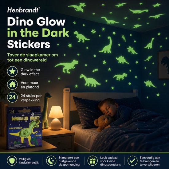 Autocollants Dinosaures phosphorescents Henbrandt, 24 pièces, pour un monde de dinosaures dans la chambre