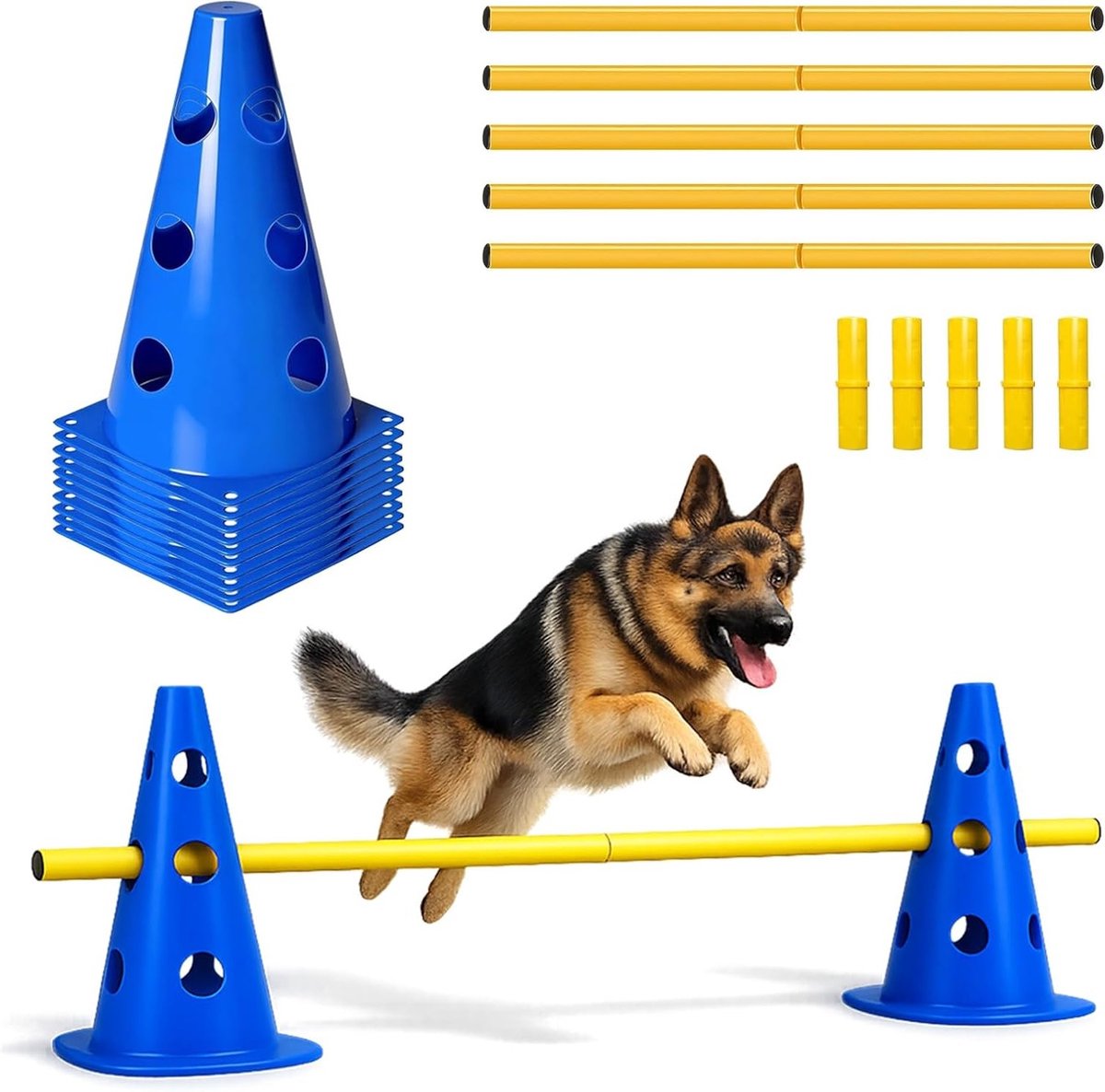 Agility Set voor Honden met 10 Cones en 5 Stangen voor Coördinatietraining en Spelletjes