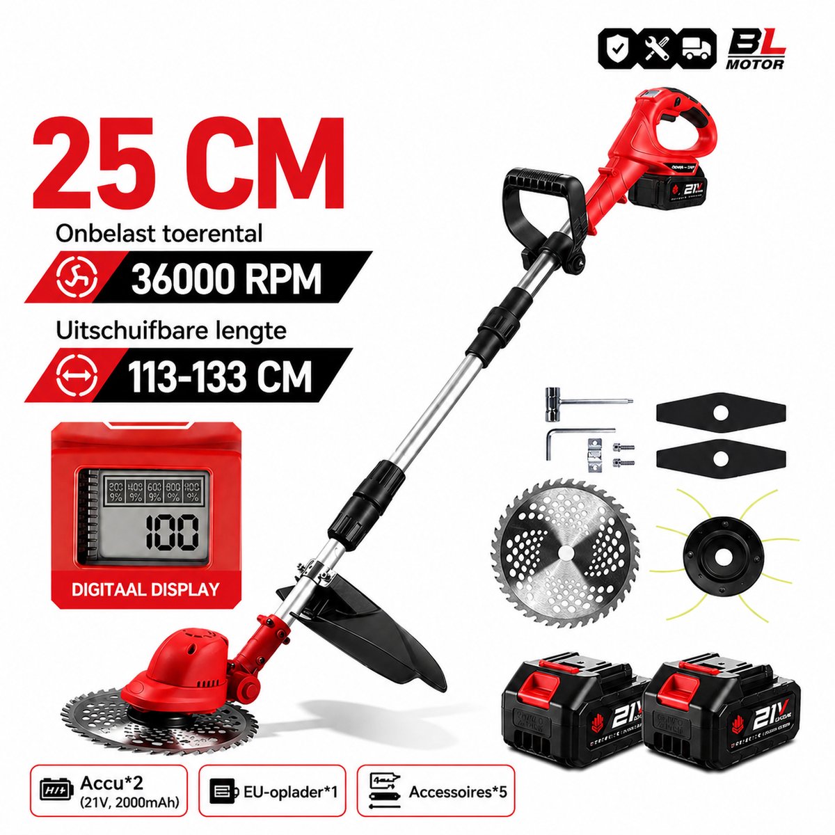 Pelor Grastrimmer 10 Inch - Accu - Draadloze Grastrimmer met 2 Accu's - Borstelloze Bosmaaier 36000 RPM Groen Zwart