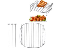 4-delige airfryer grillset - Dubbellaags grillrooster van roestvrij staal - Antiaanbakplaat voor het grillen van spiesjes - Afmetingen: 15*11*7 cm - 2,2*16,5 cm - Voor grillen, bakken en voedselbereiding in de keuken - Zilver