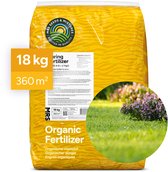 Gele zak met lentemest, 18 kg voor 360 m², met een cirkelvormige afbeelding van gras en bloemen.