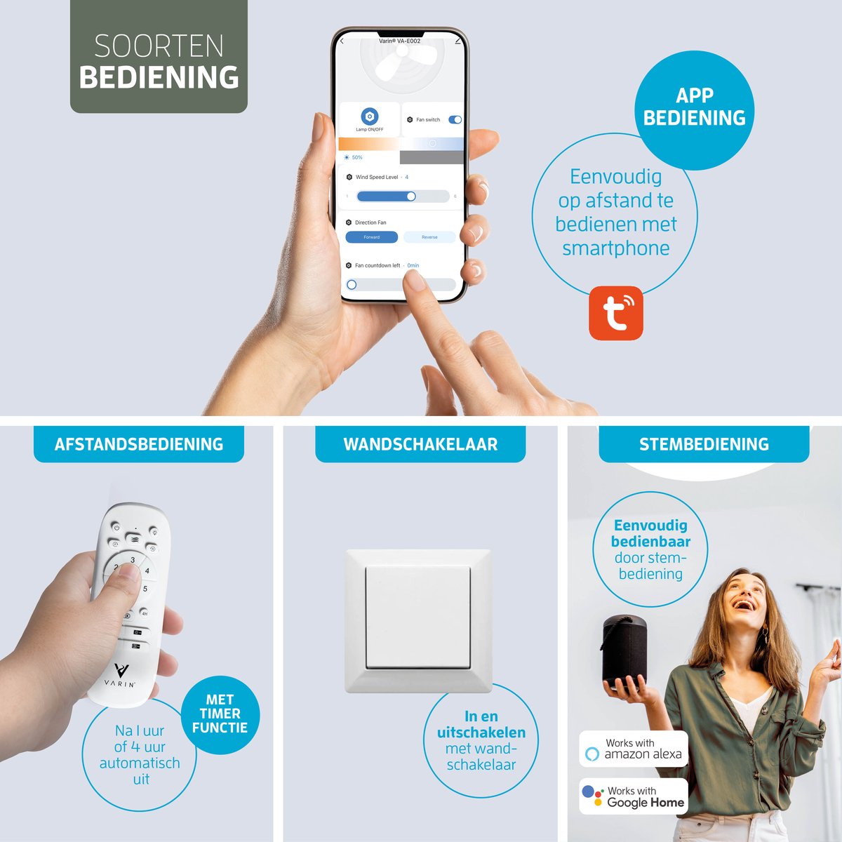 Varin® Smart Ventilator met LED verlichting - Zwart/Walnoot - Tuya Wifi - LED 18W CCT - Lange bladen - Ø 132cm - 6 snelheden - Super stil 20dB - Met afstandsbediening en gratis app - Ventilatorkachel - Ventilatoren plafond - Verkoeling en verwarming — afbeelding 9