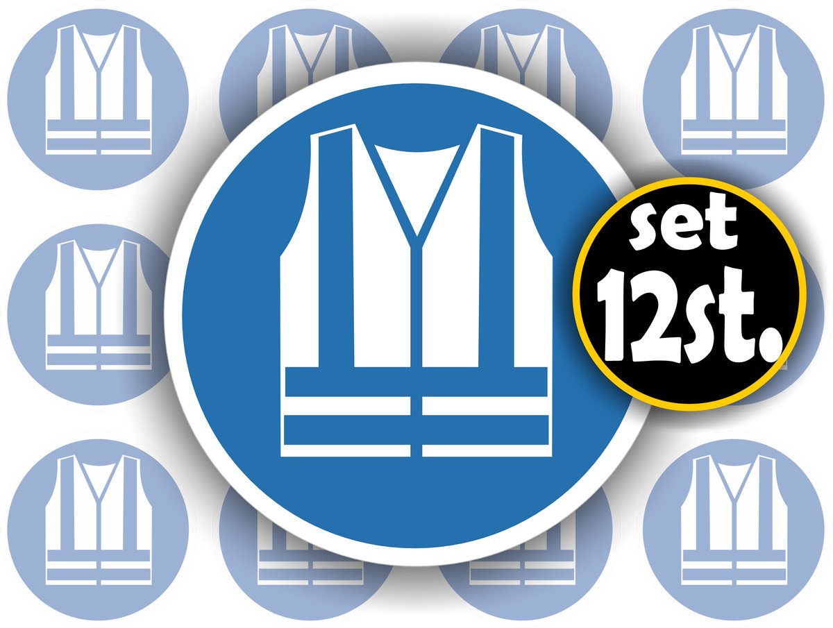 JERMA allerhandestickers Jerma - Veiligheidshesje verplicht - ISO norm - sticker - 12st Ø 4.5cm - Weerbestendig - Krasbestendig