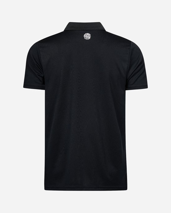 Zwart Robey poloshirt, gezien vanaf de achterkant, met een cirkelvormig logo op het kraagje.