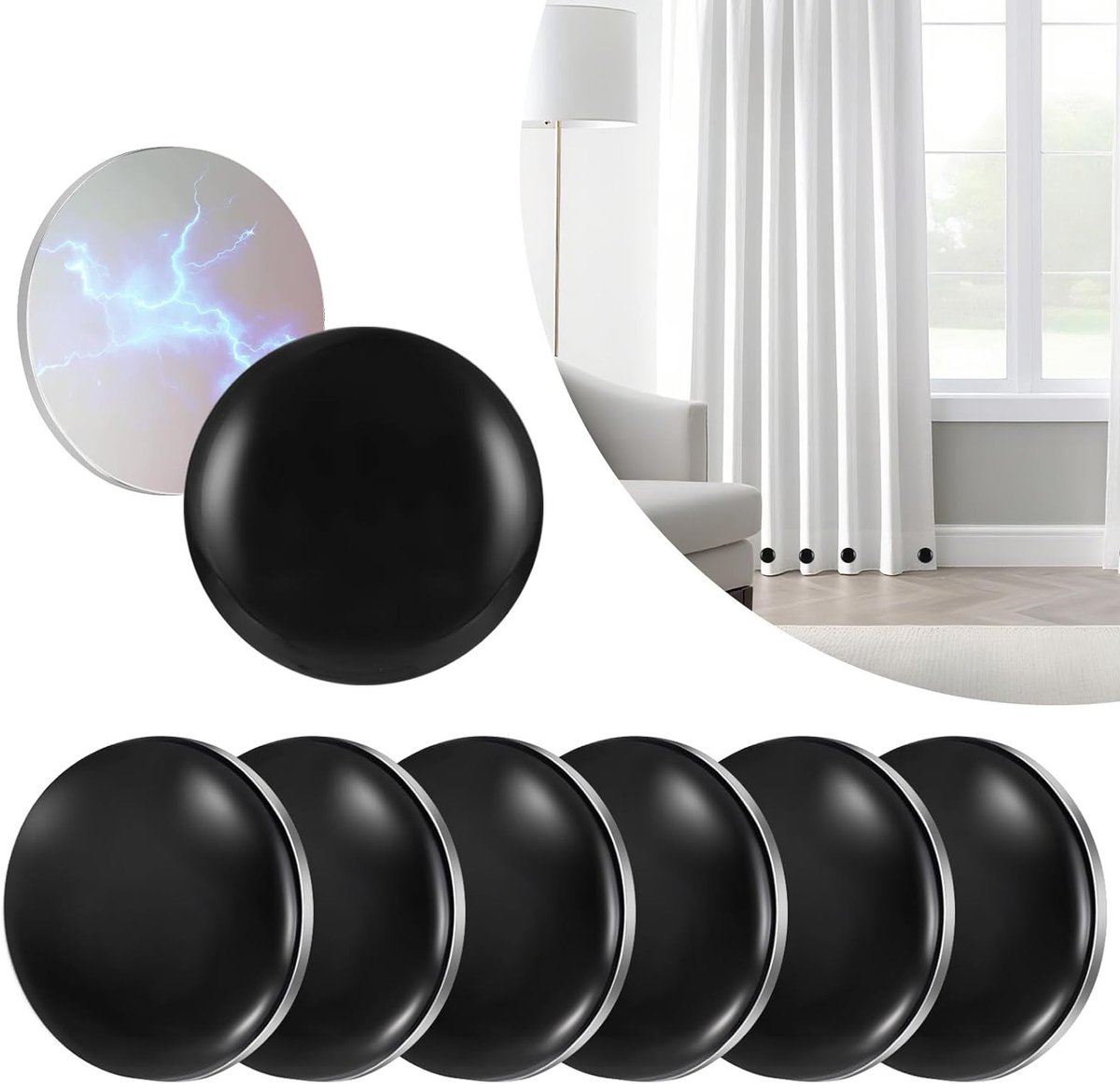 Set van 6 ronde zwarte magneten van 4 cm voor binnen gordijnen, tafelkleden en decoratieve elementen