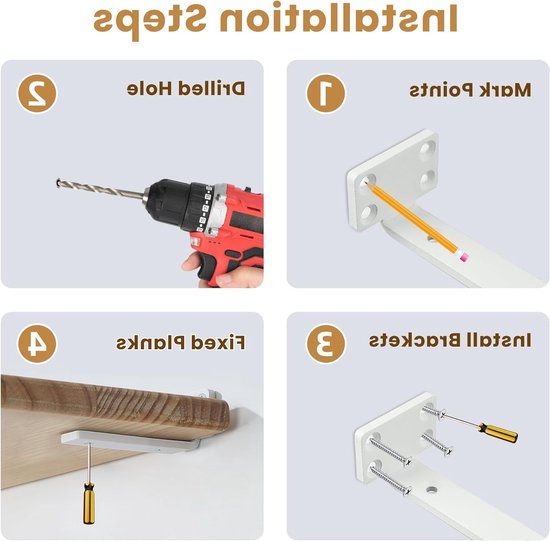 Set van 4 zwevende plankhouders, 10 x 5 cm, duurzaam en praktisch, wandplank met schroeven, wit, voor decoratie en opslag — afbeelding 4