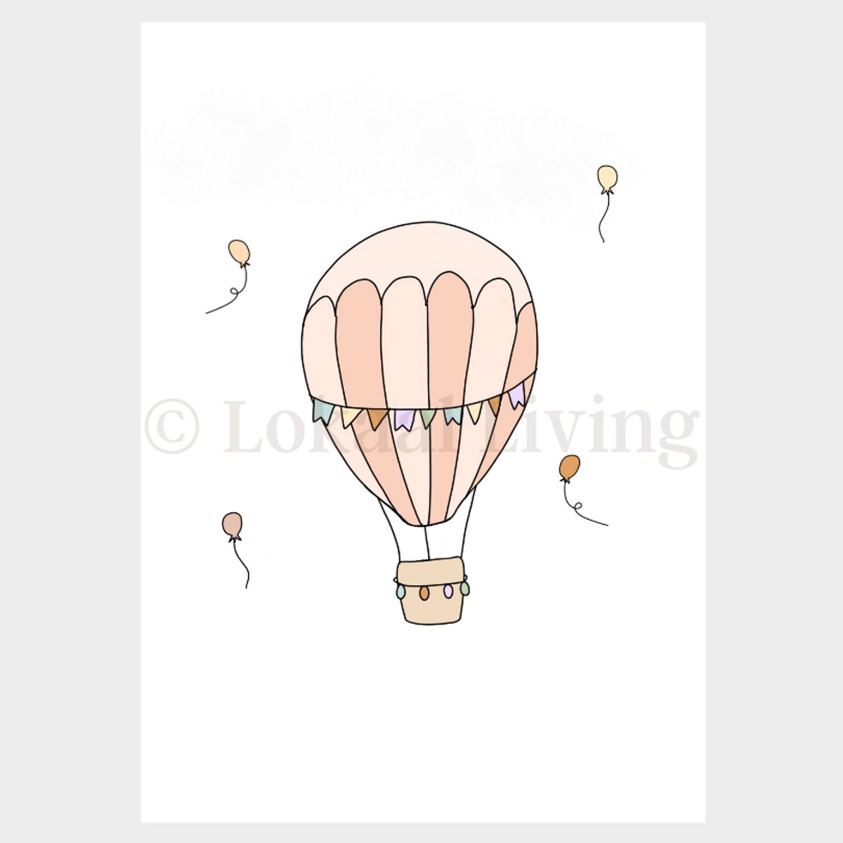 Lokaal Living a4 poster - luchtballon illustratie - voertuigen - lucht thema - roze - kinderkamer - babykamer