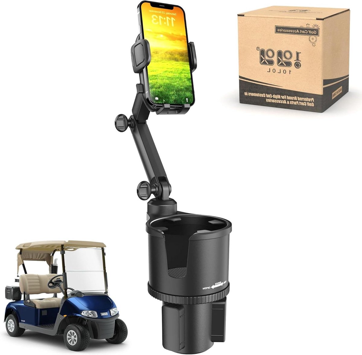 Golfkar Bekerhouder - Telefoonhouder Golfkar - Golfen met Navigatie - 360 Graden Draaibaar - Uitbreidbaar 7.7-11.7cm - Zwart