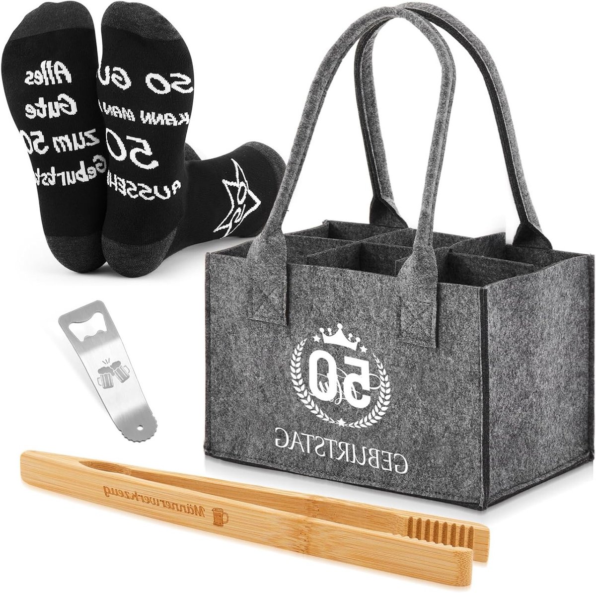 Cadeauset voor Mannen met 4 Stuks: Flessentas, Grilltang, Flessenopener en Grappige Sokken voor Bierliefhebbers