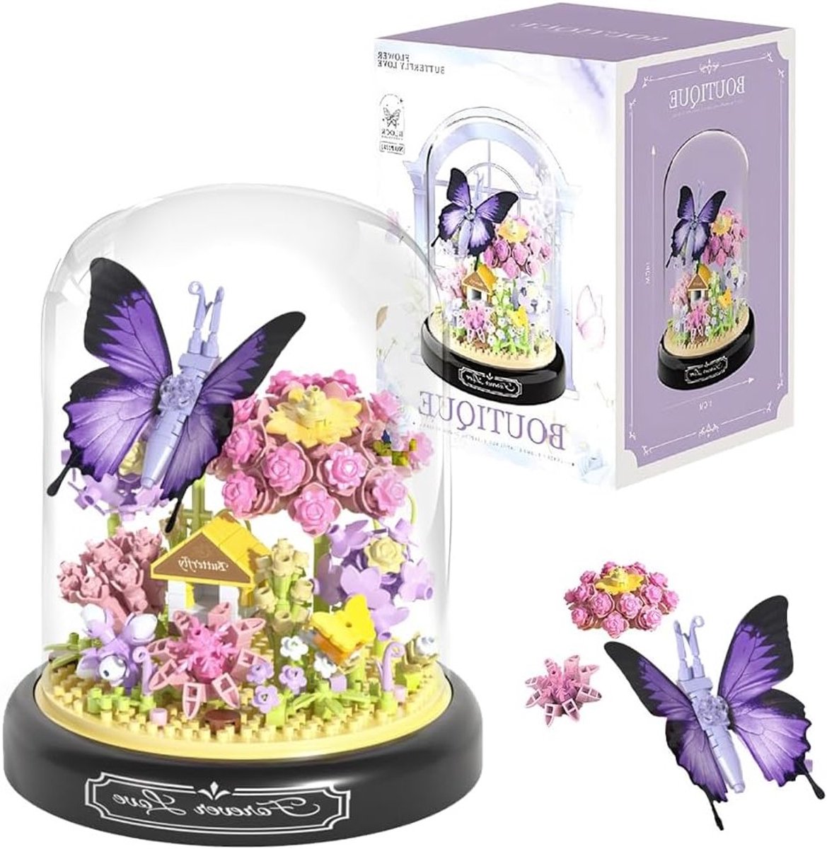 Mini Bouwstenen Set met Vlinders en Bloemen - Compleet met Stofdichte Dome en Pedestal, Perfect Cadeau voor Volwassenen en Kinderen vanaf 8 Jaar (582 Stuks)