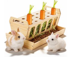Houten Hooi Voederstation voor Konijnen en Cavia's, 30 x 20,5 x 18 cm, Met Wortelhouder en Grote Capaciteit