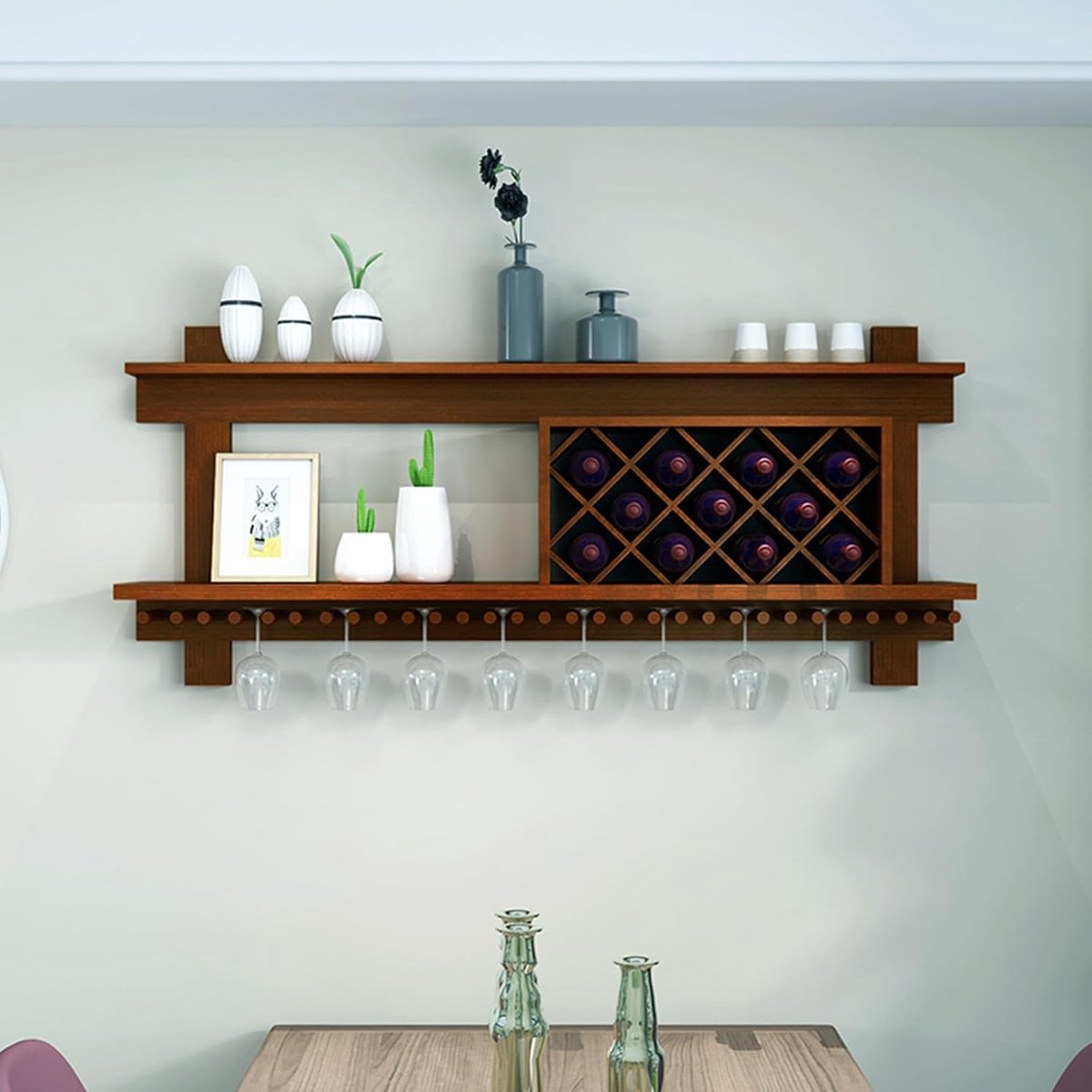 Wandgemonteerde Bar Unit Wijnrek met Glashouder 160x22x58 cm – Zwevend Wand Wijnkast & Floating Bar Plank Industrieel Design Luxe Opslag – HomebyNicole