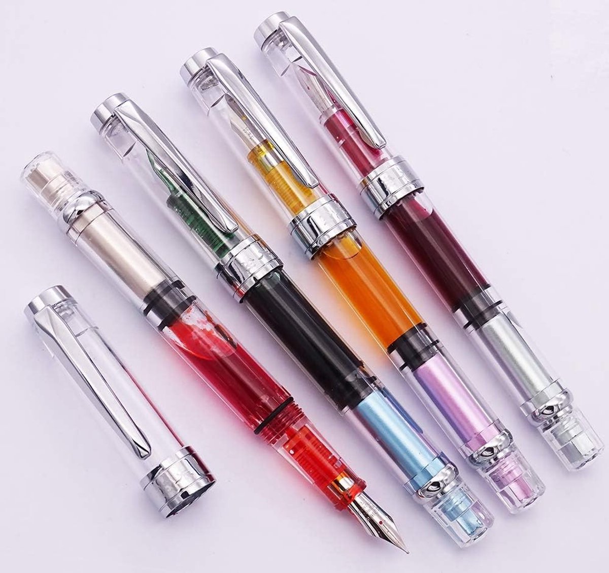 Set van 4 Piston Fountain Pens met Fijne Nib, Transparant Design en Zilver Accent, Ideaal voor Schrijven en Tekenen