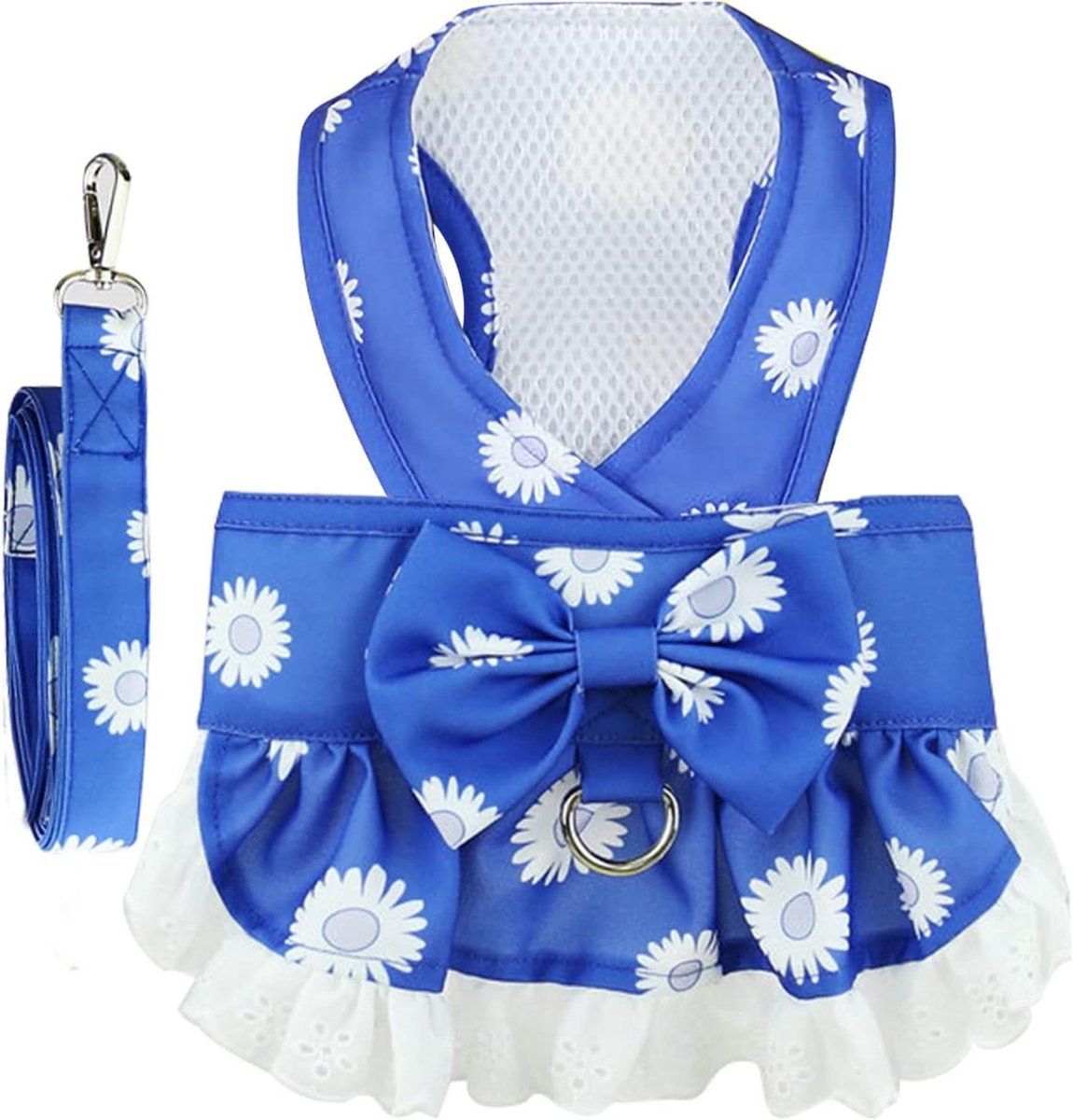 Hondenjurk met Harnas - Hondentuig Jurk - Uitlaatsessie - Bloemenprint Kant - Maat M - Donkerblauw