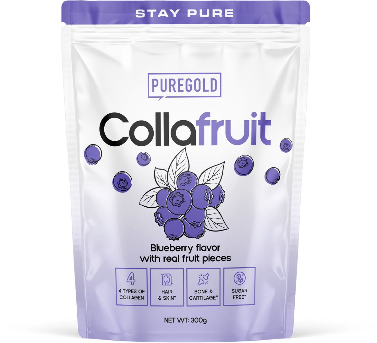 Pure Gold CollaFruit Rundercollageen Poeder – 300g – Bosbes – 25 Porties – 4 Types Collageen met Echte Vruchtstukjes, Vitamine C, A, Zink & Selenium