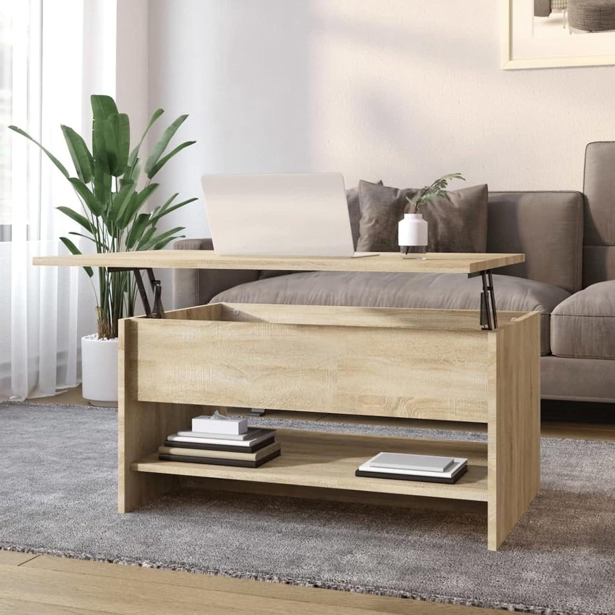 Salontafel - Koffietafel bijzettafel - Woonkamer opbergen - In hoogte verstelbaar - 80x50x40 cm - Sonoma-eiken
