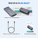 Inhoud van de doos: een grijs Siltcon 14-in-1 docking station, USB-C naar USB-C kabel (100 cm) en gebruikershandleiding.