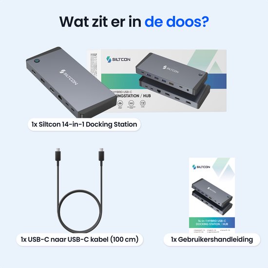 Inhoud van de doos: een grijs Siltcon 14-in-1 docking station, USB-C naar USB-C kabel (100 cm) en gebruikershandleiding.