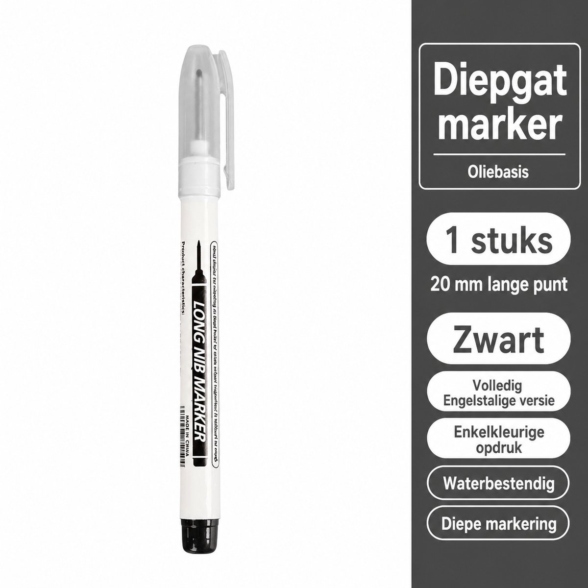 TLVX Lange Permanent Marker Zwart – Markeerstift – Verlengde Timmermans Inkt Potlood – Bouw Markering stift – Timmerman Pen Dun - 20mm Long Tip Marker – Diep Gat – Teken Hout, Metaal, Glas, Spiegel, Tegels, Beton, Keramiek – Zwarte Inkt – 1 stuks