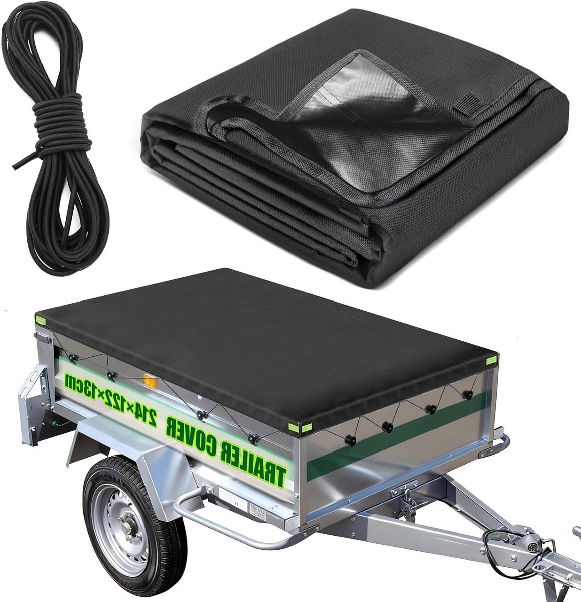 Dekzeil Aanhanger - Trailerhoes Waterdicht - Lading Beschermen - Versterkt Oxford Materiaal - 214x122x13 cm - Zwart