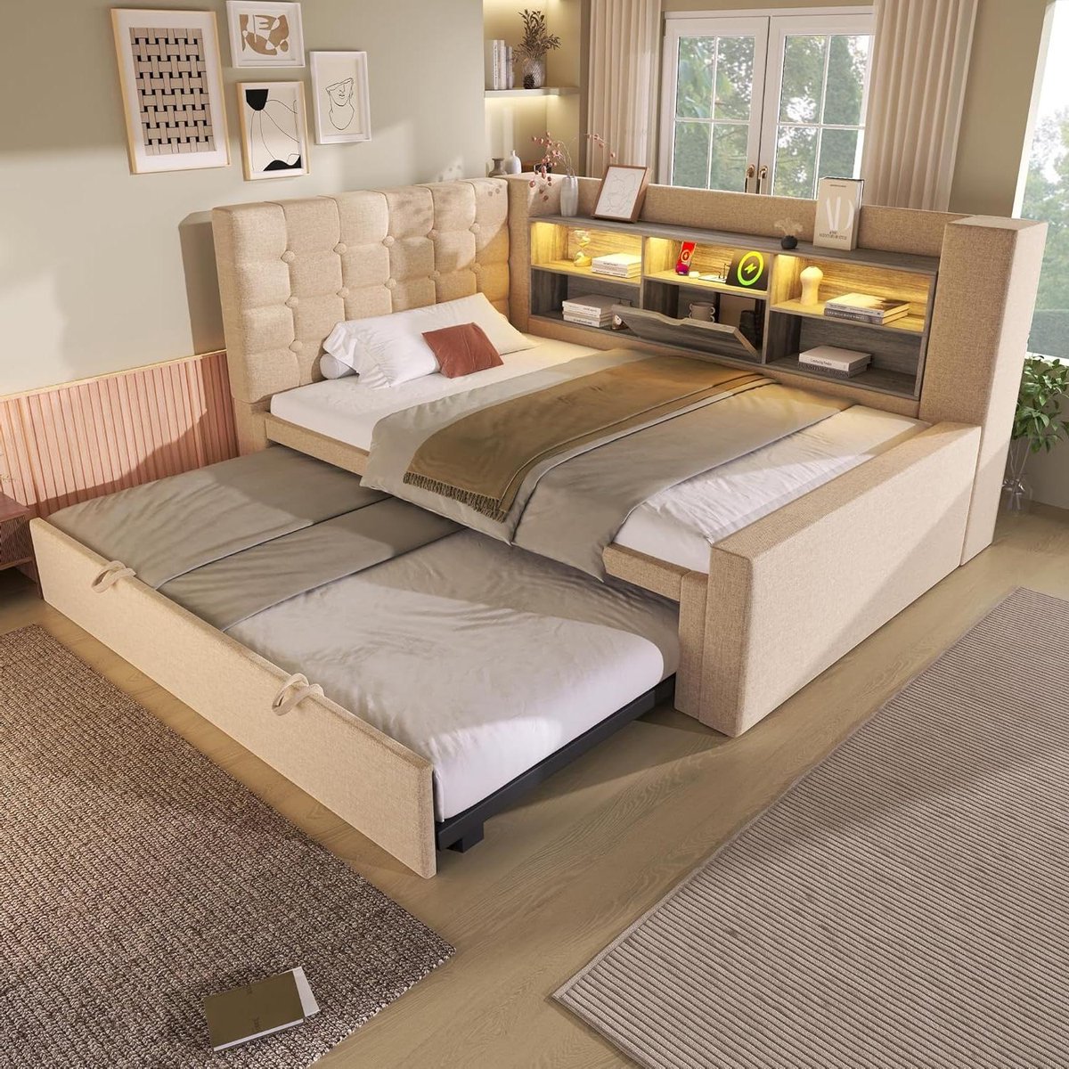 Gestoffeerd Bed - Slaapbank Uittrekbaar - Ruimte Besparen - Met Led en USB - 90 x 200 cm - Beige