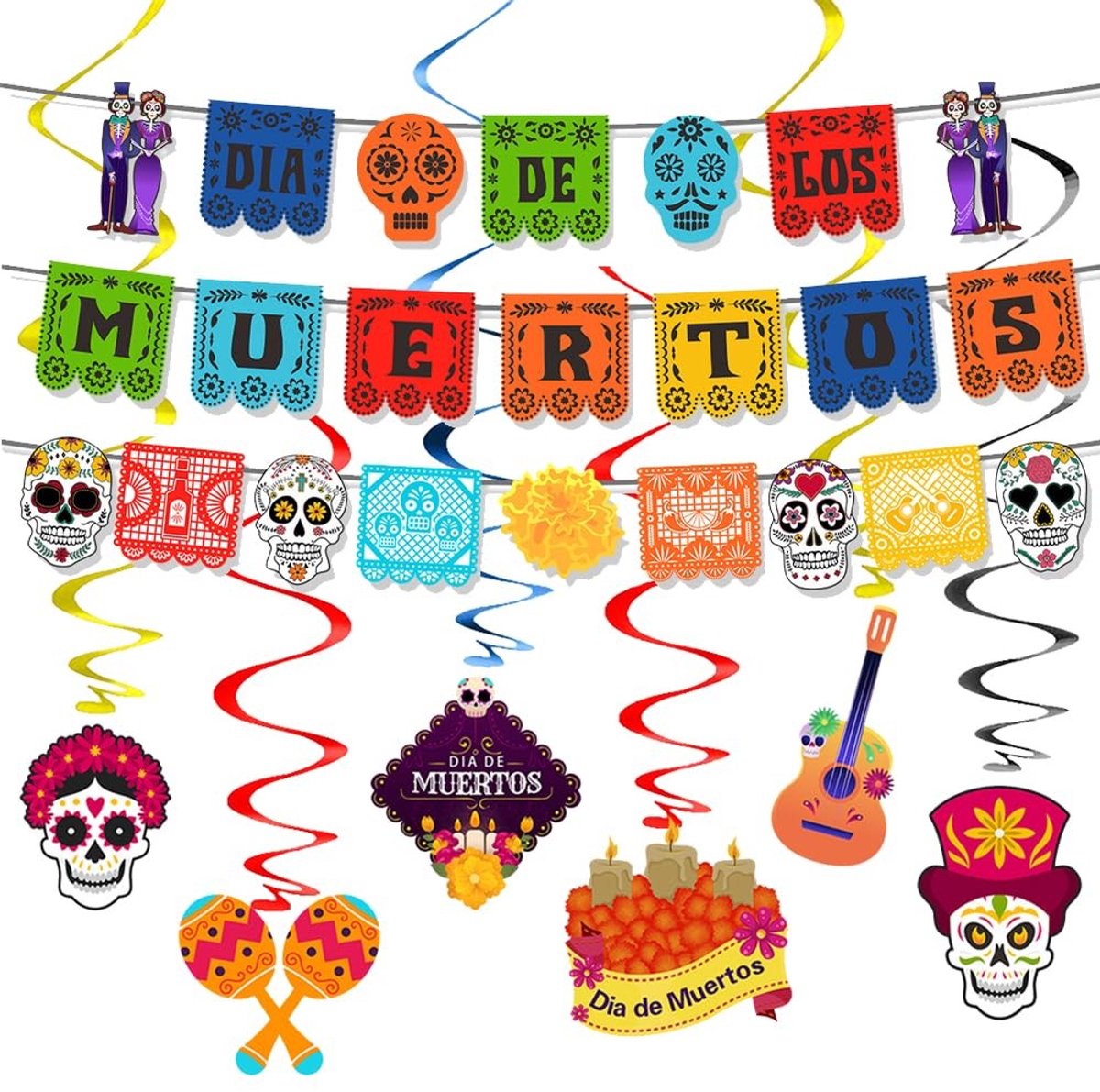 Cosensi - Mexicaanse Feestdecoraties - Dia De Los Muertos - Kleurrijke Vilt Banner Set - 3 Banners en 6 Stukken - Perfect voor Feestjes - Multicolor