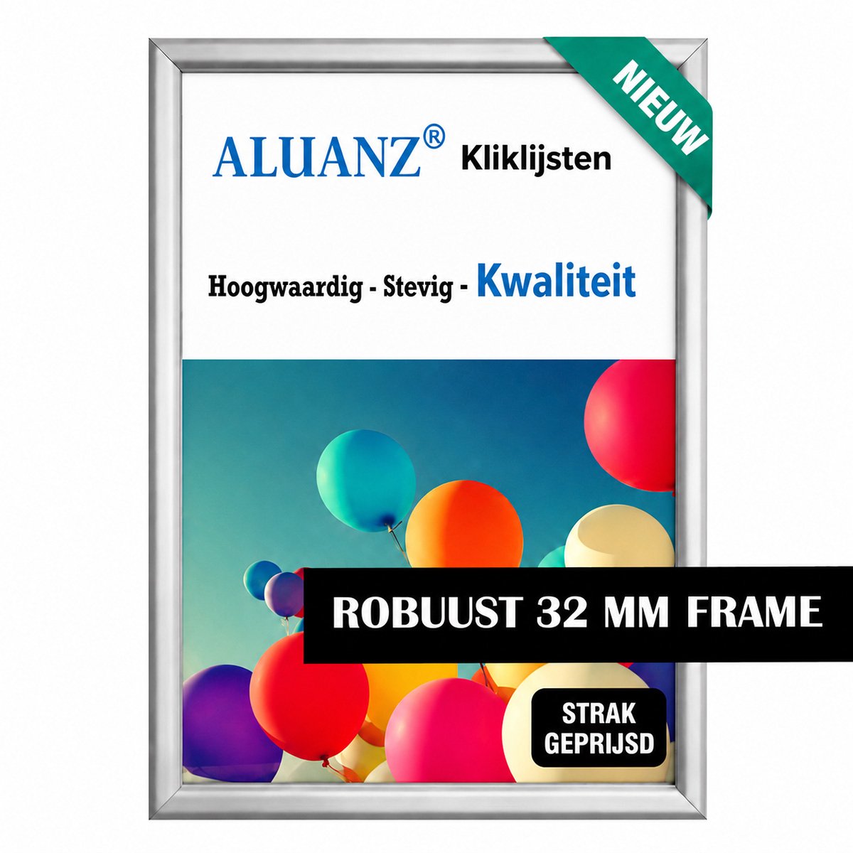 Premium Kliklijst A2 (58.4x42 cm) Zilver - 32mm kader - Aluminium Fotolijst - Posterlijst - Wissellijst - Inclusief Beschermfolie