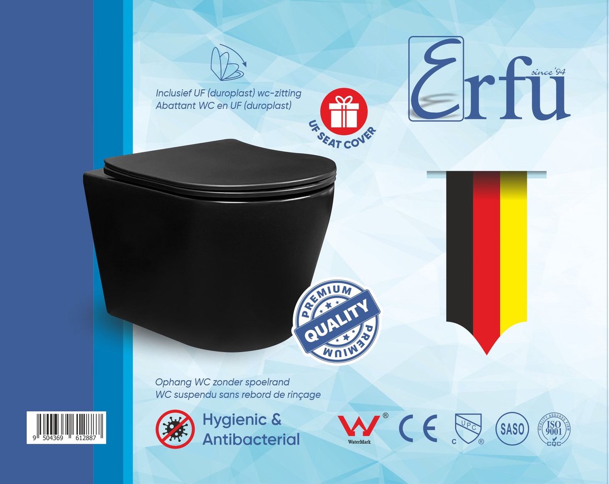 ERFU Wandtoilet rond – hangtoilet met softclose wc-bril – hoogwaardig keramiek, mat zwart