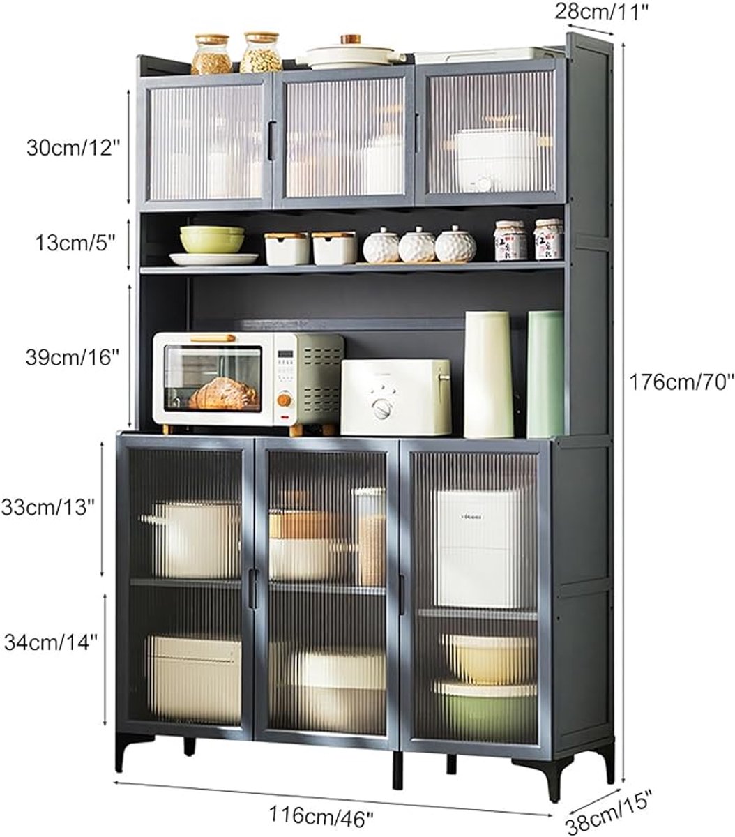 Keukenrek Kast 116 x 38 cm – Bamboe Bakkersrek met 6 Planken en Dubbele Acryl Deuren – Vrijstaand Keuken Opbergrek, Keukenkast Organizer voor Keuken, Pantry, Garage & Woonkamer