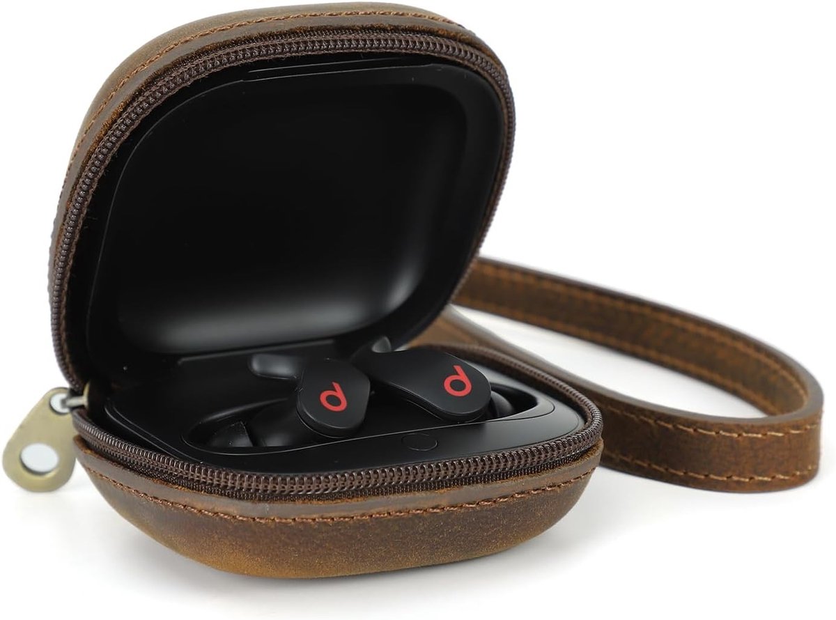 Beschermhoes voor Beats Fit Pro van Echt Leer, Draagbare Oordopjes Case met Afneembare Polsband - Bruin