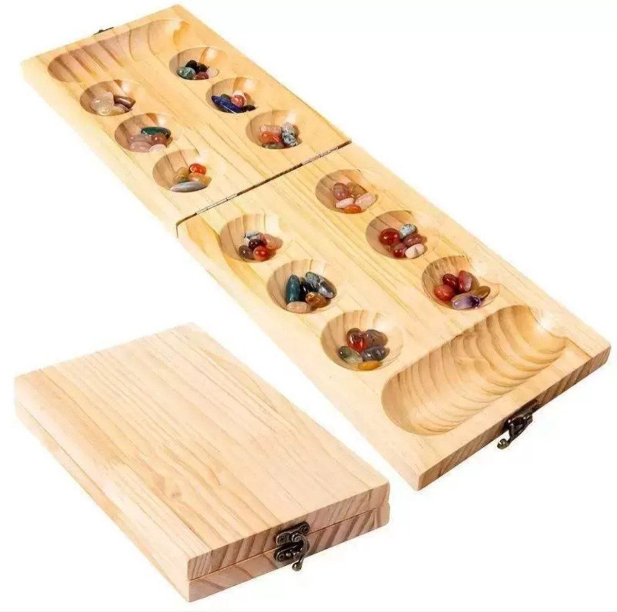 Flero Kalaha Premium Houten Bordspel met Gekleurde Stenen - Mancala / Hus / Bao Strategiespel - Inklapbaar Houten Bord - Stenenspel - Educatief Familiespel voor 2 Spelers - Cadeau