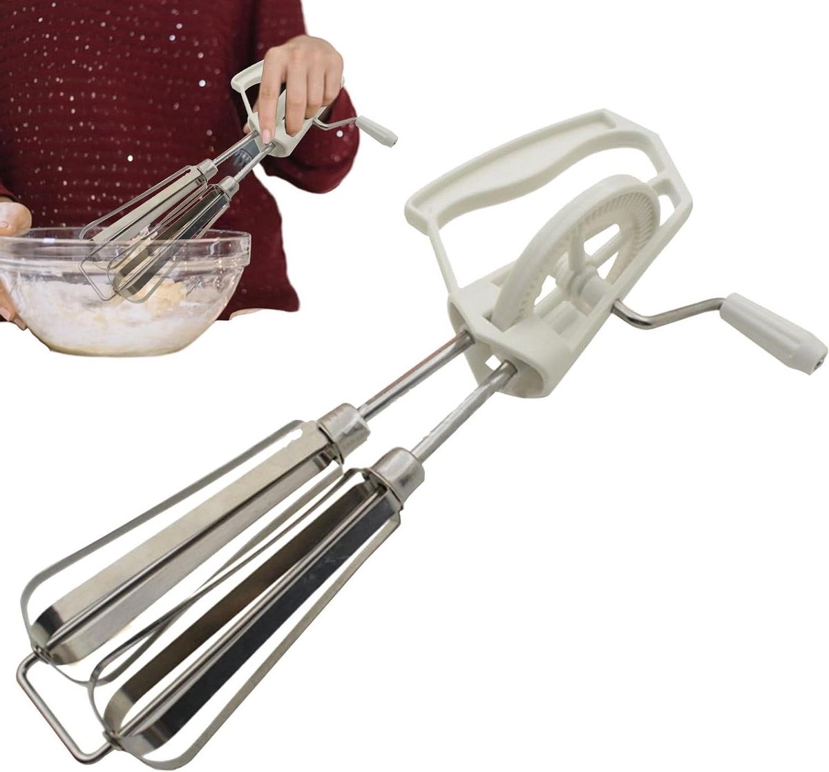 Handslinger Mixer - Eierklopper Garde - Beslag Maken - Dubbele Mengkoppen - 25 cm - Wit