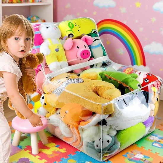 Opbergstoel Knuffels - Speelgoedzak Rits - Kinderkamer Organiseren - Leeshoek Functie - 60x60x45 cm - Transparant — afbeelding 3