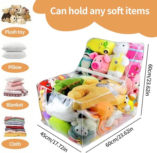 Opbergstoel Knuffels - Speelgoedzak Rits - Kinderkamer Organiseren - Leeshoek Functie - 60x60x45 cm - Transparant — afbeelding 5
