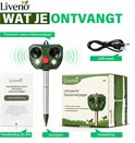 Inhoud van de verpakking van de Liveno ultrasone dierenvijver: de verjager, USB-kabel, handleiding en grondpin.