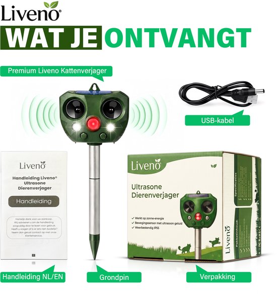Inhoud van de verpakking van de Liveno ultrasone dierenvijver: de verjager, USB-kabel, handleiding en grondpin.