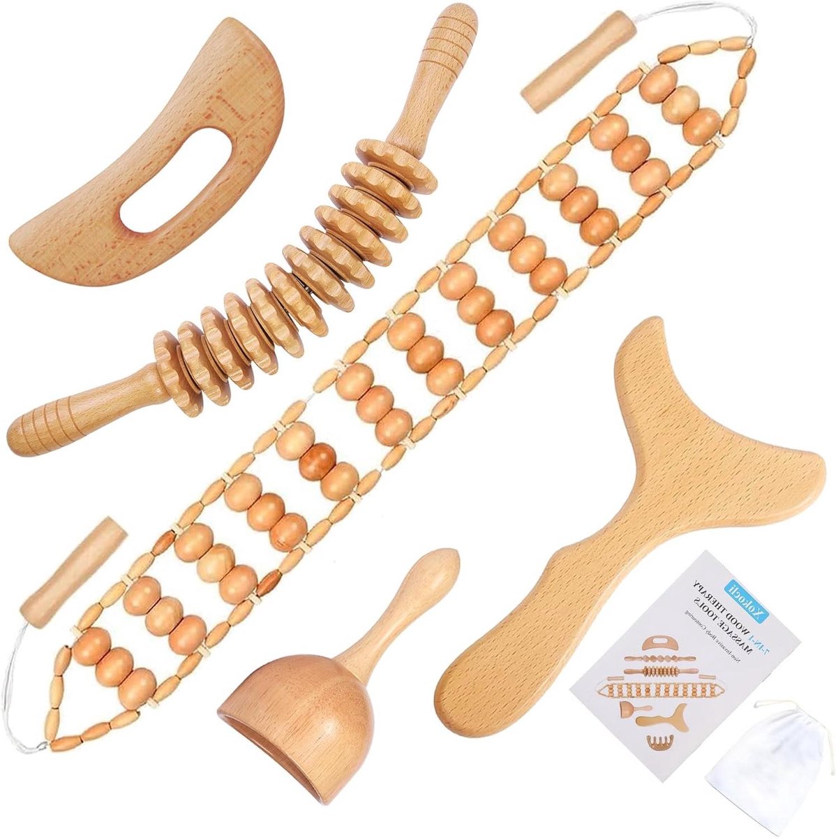 Houttherapie Set - Lymfedrainage Tools - Lichaamsvorming Massage - 5 Delige Kit - Grote Set - Natuurlijk Hout
