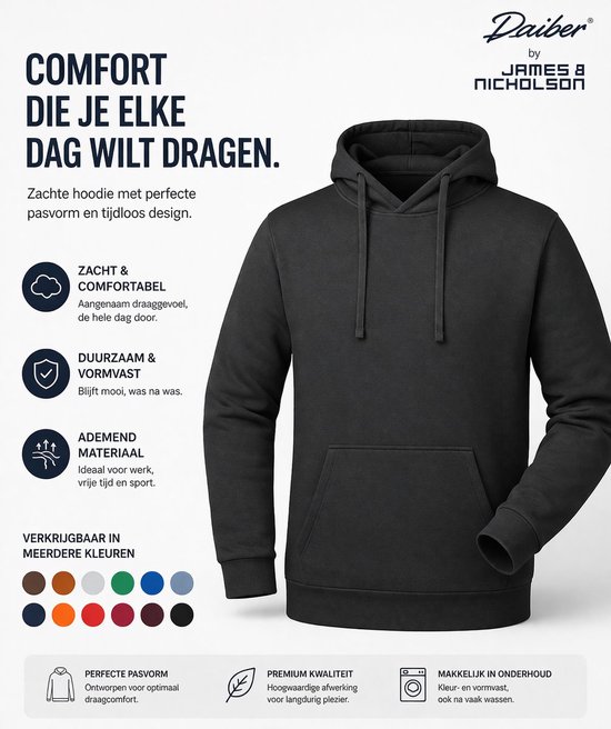 Zwarte hoodie van Daiber by James & Nicholson. Met capuchon en kangoeroezak. Toont kleuropties.