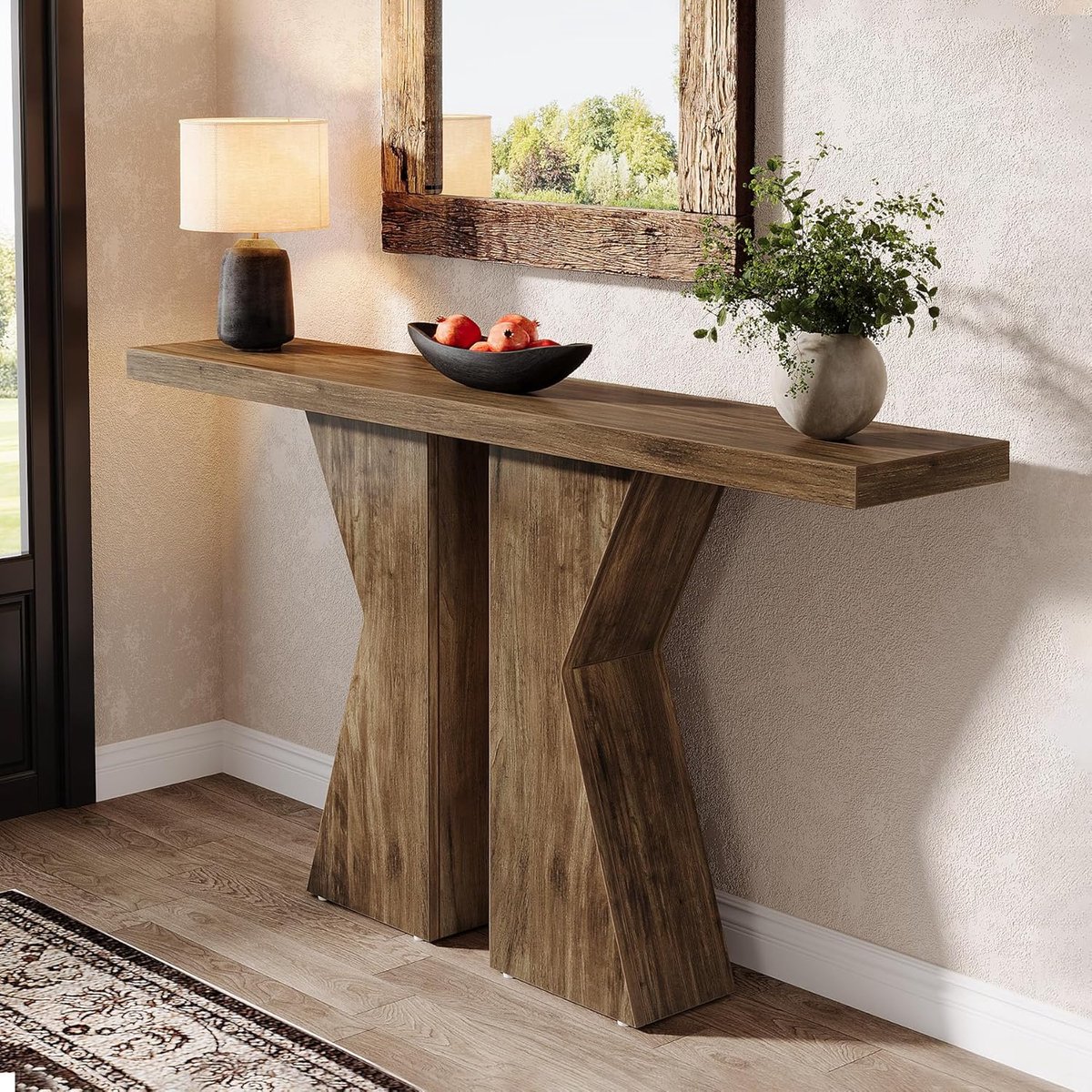 Consoletafel 140 cm Smalle Haltafel – Moderne Houten Banktafel Achter Bank met K-vormige Metalen Basis – Industriële Landelijke Stijl Console Tafel voor Hal, Woonkamer en Entree 140 x 30 x 80 cm – Dader
