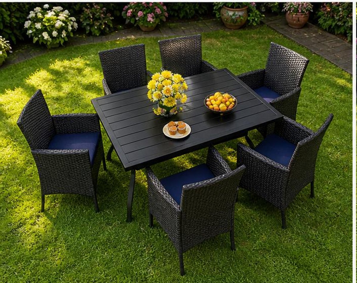 Tuinset 6 Personen – Polyrattan Tuinmeubelset met Eettafel 152 cm en 6 Stoelen, Weerbestendig met Parasolgat voor Tuin en Terras – Dader