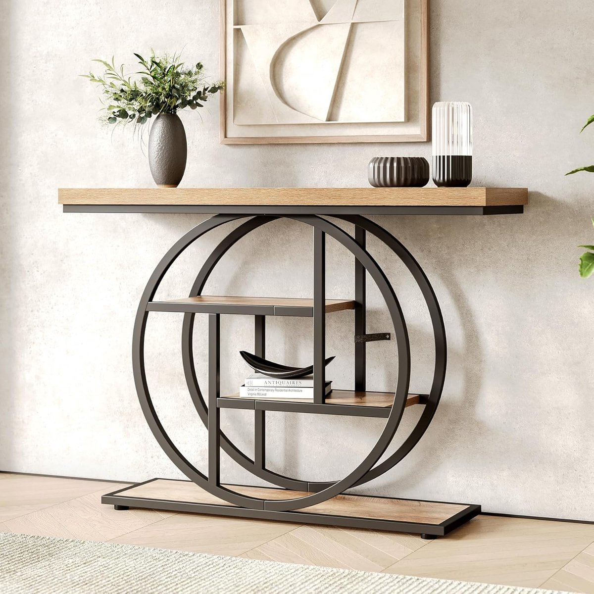 Consoletafel Industrieel Boerderij 104/105 x 30 x 80 cm met 4 Planken – Smalle Haltafel / Entreetafel / Banktafel met Walnoot Houtlook en Zwart Metalen Frame – Dader