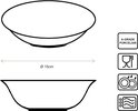 Schematische weergave van een 15cm witte porseleinen kom, met indicatie van diameter en pictogrammen voor vaatwasser, oven en magnetron.