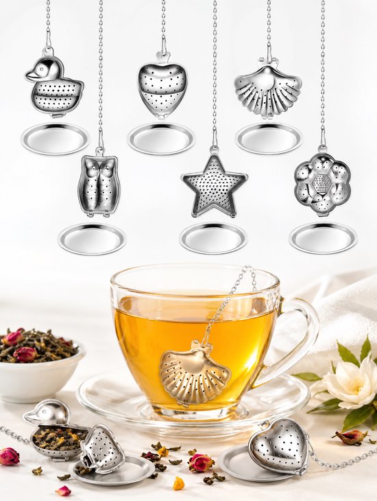 TeaLux 5-Delig RVS Theefilters Set met Maatlepel en Lekbakjes en Knijper - Theezeef voor Losse Thee en Kruiden - Tea InfuserStrainer Giftset - Verse Thee filterZeef Cadeau Pakket - Kruidenbuiltje ei met Onderzetters - Geschenkset