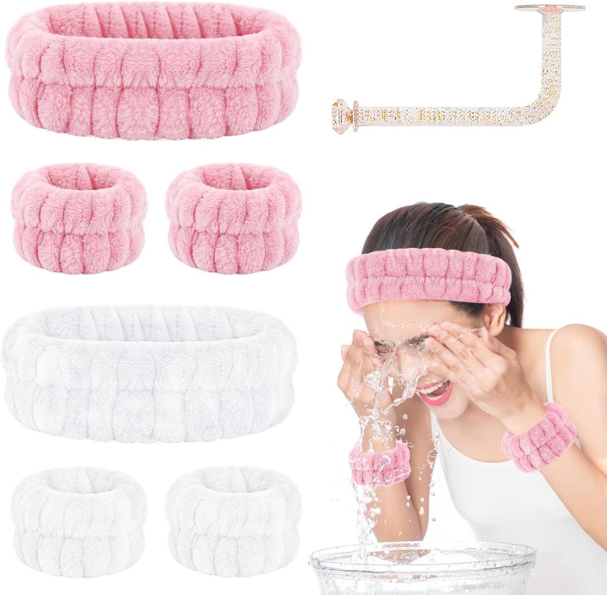 Spa hoofdband polsband - Gezichtsreiniger set - Huidverzorging - Super absorberend - 6 stuks - Roze Wit
