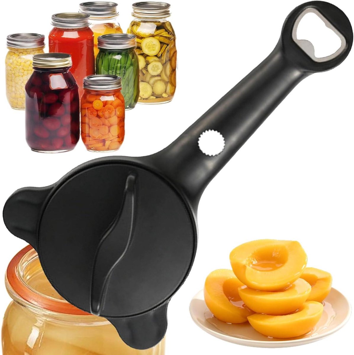 Glazen opener - Deksel lifter - Keuken hulp - 4-in-1 multifunctioneel - 24 x 12.5 cm - Zwart